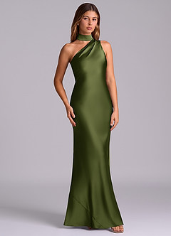 Azazie Seona Bridesmaid Dresses Olive Mermaid One Shoulder Stretch Satin Dress image3