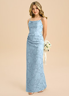 Azazie Mai Junior Sky Blue Sheath Pleated Floral Burnout Dress image1