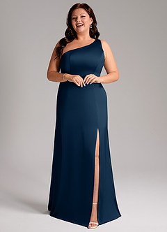 Azazie Phaedra Bridesmaid Dresses Dark Navy A-Line One Shoulder Stretch Satin Dress image6