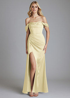 Azazie Amyra Bridesmaid Dresses Lemon Sorbet Mermaid Off the Shoulder Stretch Satin Convertible Dress image9