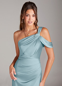 Azazie Wynter Bridesmaid Dresses Moody Blue Sheath Off the Shoulder Stretch Satin Dress image5