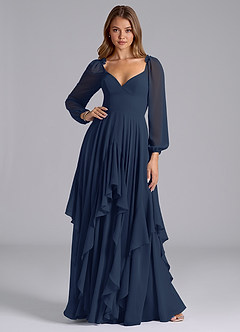 Azazie Karan Bridesmaid Dresses Dark Navy A-Line Long Sleeve Chiffon Dress image3