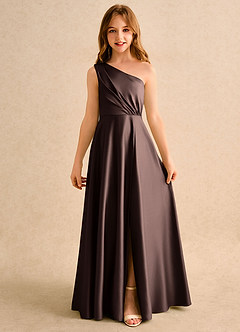 Azazie Puddles Girls Formal Flower Girl Dresses Ganache A-Line One Shoulder Matte Satin Dress image4