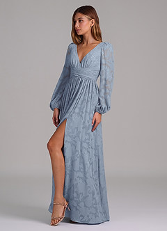 Azazie Norah Robes de demoiselle d'honneur Robe Trapèze en Blumen-Burnout Manche longue Bleu Poussiéreux image3