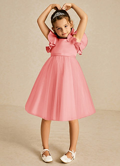 Azazie Kaeya Flower Girl Dresses Coral A-Line Bow Tulle Dress image3