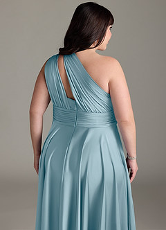 Azazie Charlize Bridesmaid Dresses Moody Blue A-Line One Shoulder Stretch Satin Dress image16