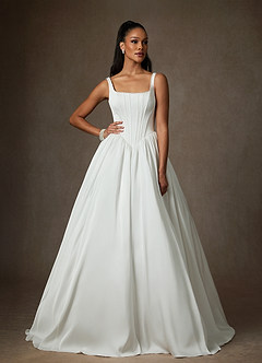 Azazie Cyanne Wedding Dresses Diamond White Ball-Gown with Pockets Stretch Satin Dress image7