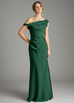 Azazie Emerson Bridesmaid Dresses Dark Green Mermaid Off the Shoulder Stretch Satin Dress image1
