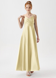 Azazie Avelina Junior Lemon Sorbet A-Line Pleated Stretch Satin Dress image4