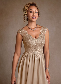 Azazie Amethyst Mother of the Bride Dresses Taupe A-Line Lace Dress image6