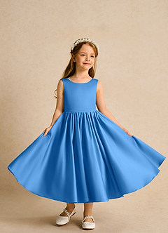 Azazie Doodlebug vestidos de niña de las flores Vestido de Azul Grisaceo de Satin Mate de Corte En A con Lazo image4
