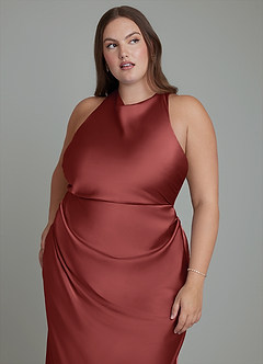 Azazie Evadne Bridesmaid Dresses Terracotta Sheath Pleated Stretch Satin Dress image9