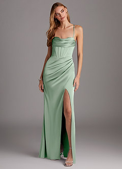 Azazie Brookelle Bridesmaid Dresses Agave Sheath Sweetheart Corset Stretch Satin Dress image4