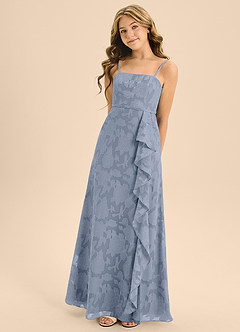 Azazie Kaylee Junior Dusty Blue A-Line with Belt Floral Burnout Dress image1