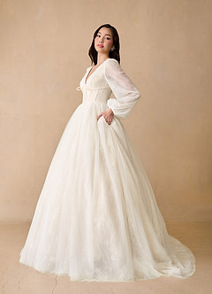 Azazie Cressida Wedding Dresses Diamond White Champagne Ball-Gown Lace Tulle Dress image2