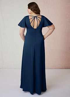 Azazie Lani Vestidos de damas de honor Vestido de Azul Marino Oscuro de Satén Elástico de Corte en A con Manga volante image8