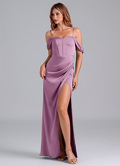 Azazie Asha Bridesmaid Dresses Wisteria Sheath Off the Shoulder Stretch Satin Convertible Dress image6