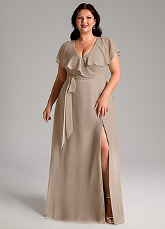 Azazie Lainey Bridesmaid Dresses Taupe A-Line with Pockets Chiffon Dress image10