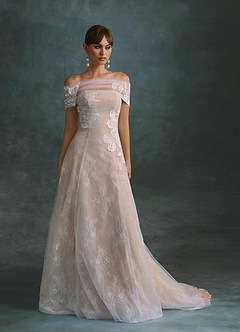 Azazie Berkely Trouwjurken Jurk van Tule met A-Lijn Off-shoulder Diamant Wit Naakt image3