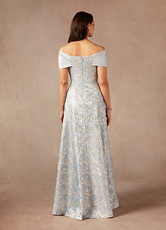 Azazie Amelia Vestidos para mãe da noiva Vestir Azul Empoeirado de Jacquard de Linha A com Fora do ombro image5