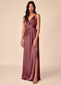Azazie Aqua Brautjungfernkleider A-Linie V-Hals Gefaltet Stretch-Satin Kleid Wüstenrose image1