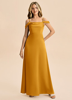 Azazie Lettie Junior Butterscotch A-Line Off the Shoulder Stretch Satin Dress image4