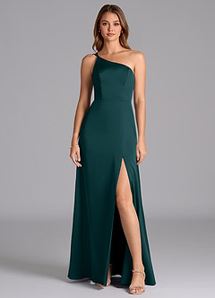 Azazie Trina Robes de demoiselle d'honneur Robe Trapèze en Satin extensible Ue épaule Vert Pin image3