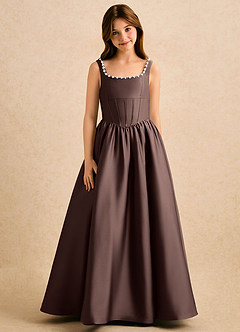 Azazie Enid Girls Formal Flower Girl Dresses Ganache A-Line Beaded Stretch Satin Dress image5