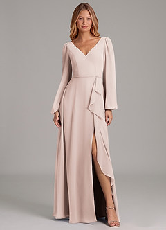 Azazie Simone Vestidos de damas de honor Vestido de Pétalo De Rosa de Gasa de Corte en A con Manga larga image3