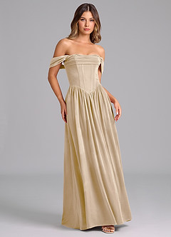 Azazie Hattie Robes de demoiselle d'honneur Robe Trapèze en velours Rayé Champagne image5