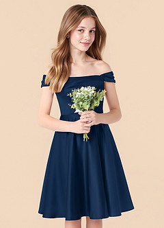 Azazie Amira Junior Dark Navy A-Line Pleated Stretch Satin Dress image5