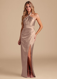 Azazie Zaya Bridesmaid Dresses Taupe Sheath Pleated Metallic Satin Dress image1