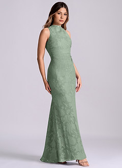 Azazie Evadne Final Sale Matcha Sheath Pleated Floral Burnout Dress image3