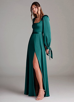 Azazie Leonia Bridesmaid Dresses Peacock A-Line Long Sleeve Stretch Satin Dress image5