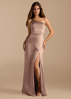 Azazie Trina Brautjungfernkleider A-Linie One-Shoulder Metallischer Satin Kleid Taupe image3