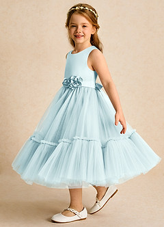Azazie Miracle Blumenmädchenkleider A-Linie Schleifen Matte Satin Kleid Seegrün image3