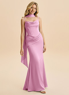 Azazie Sorrel Junior Candy Pink Mermaid Ruched Stretch Satin Dress image1