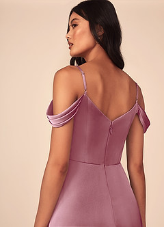 Azazie Ocean Bridesmaid Dresses Vintage Mauve A-Line V-Neck Pleated Stretch Satin Dress image5