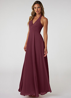 Azazie Tessie Vestidos de damas de honor Vestido de Cabernet de Gasa de Corte en A con Cuello en V plisado image3