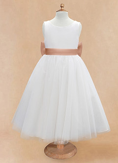 Azazie Kavi Blumenmädchenkleider A-Linie Schleifen Matte Satin Kleid Elfenbein Champagnerrose image7