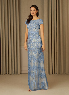 Azazie Dorit Mother of the Bride Dresses Dusty Blue Champagne Sheath Scoop Lace Dress image3