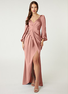 Azazie Mel Bridesmaid Dresses Rosette Sheath Long Sleeve Stretch Satin Dress image1