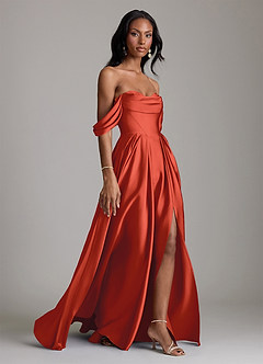 Azazie Loisa Abiti da Damigella Abito A-Line in Raso Elasticizzato a Spalla Scoperta Ruggine image6