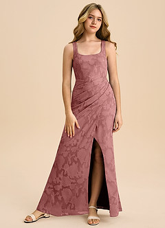 Azazie Mero Junior Vestido de Rosa Polvorienta de Devorado Floral de Corte Recto con Plisado image4