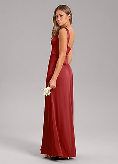 Azazie Frostine Bridesmaid Dresses Pomegranate A-Line Bow Stretch Satin Dress image7