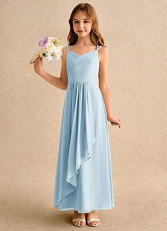 Azazie Zaida Junior Formal Robe Demoiselle D'honneur Fillette Robe Trapèze en Mousseline de soie Plissée Bleu Ciel image6