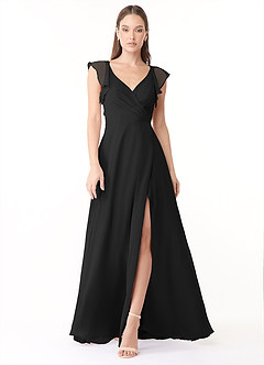 Azazie Yoko Bridesmaid Dresses Black A-Line Ruched Chiffon Dress image1