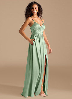 Azazie Alia Brautjungfernkleider A-Linie Plissee Metallischer Satin Kleid Matcha image5