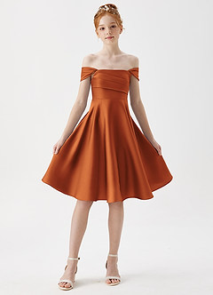 Azazie Amira Junior Cinnamon A-Line Pleated Stretch Satin Dress image5