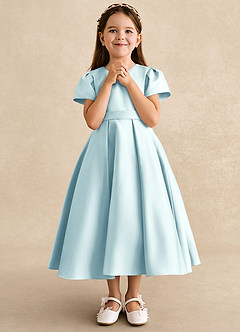 Azazie Princess Flower Girl Dresses Sea Glass A-Line Pleated Matte Satin Dress image4